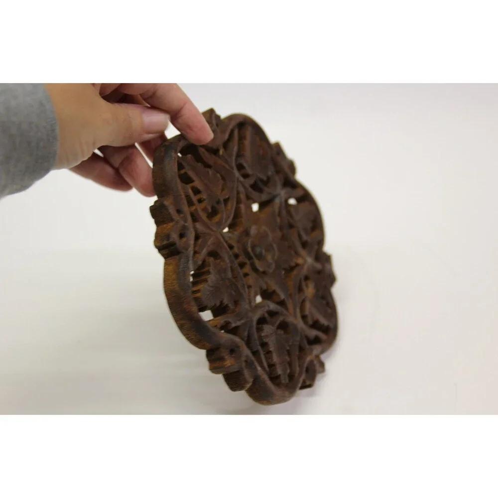 Vintage Boho India Hand Carved Wooden Trivet Decor Leaves Flower Mid-Century